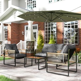 Outsunny Set mobilier grădină, 4 piese, canapea, 2 scaune, masă cu blat din sticlă, cadru metalic, polyratan, antracit | Aosom Romania