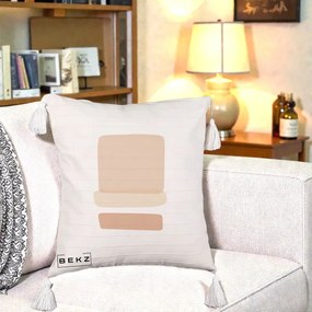 Perna Decorativa Abstract Forme Bej Poudre, 40x40 cm, Bej cu Franjuri, Husa Detasabila, Perna Inclusa, BEKZ®