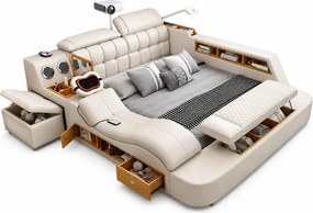 MOBLUX03 Luxury 180x200 cm Beige Right Chaise – Pat Inteligent Premium cu Proiector, Vibromasaj, Boxe Bluetooth, Încărcare Wireless și Spații Multiple de Depozitare