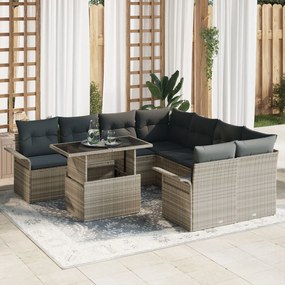 vidaXL Set de canapea pentru grădină, 9 piese cu perne, gri deschis, din ratan poliesteric