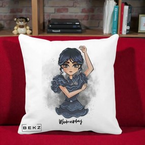 Perna Personalizata Wednesday Addams Dancing Queen, 40x40 cm, Alba Mata, Husa Detasabila, Perna Inclusa, BEKZ®