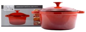 Oală din fontă emailată cu capac 20 cm, 2.2L – Perfect Home 10565, roșie, cu retenție ridicată a căldurii, ideală pentru supe sau reîncălzire