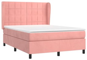 Pat box spring cu saltea, roz, 140x190 cm, catifea Roz, 140 x 190 cm, Cu blocuri patrate