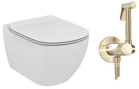 Pachet vas wc suspendat Ideal Standard Tesi, capac softclose si set dus igiena intima auriu cu baterie incastrata Rea Loop