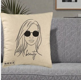 Perna Decorativa Beauty Girl Line Art, 40x40 cm, Bej, Husa Detasabila, Perna Inclusa, BEKZ®