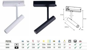 Spot LED directionabil pentru sina trifazata MAXLIGHT, PISTOL negru