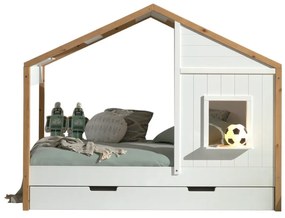 Set Pat Căsuță și Sertar pentru Pat pentru Copii, 2 Piese, 90x200 cm, Alb/Natural (Pin Masiv și MDF) – Babs – Vipack