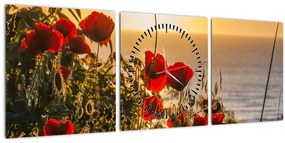 Tablou cu apus de soare cu flori de maci (cu ceas) (90x30 cm)