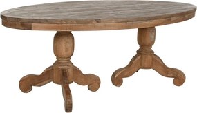 Masă dining sculptată ovală din lemn de tec, natur, 10 locuri, cu două coloane strunjite, 78 x 220 x 110 cm, „Aurea”