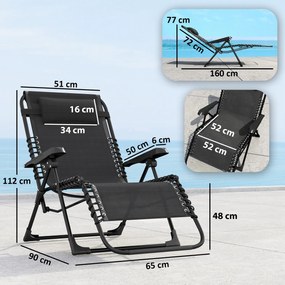Outsunny Set de 2 șezlonguri pentru bronzat, șezlong pliant reglabil cu tetieră din textilenă, 90 x 65 x 112 cm, negru | Aosom Romania