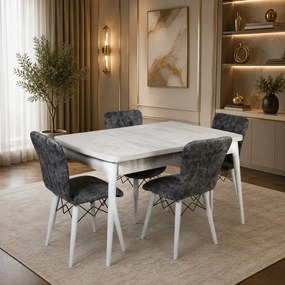 Set masa extensibila cu 4 scaune tapitate Homs cristal  bej-gri-picior-alb-170 x 80 cm