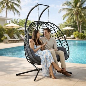 Fotoliu leagan dublu suspendat în formă de ou cu suport, hamac pentru terasă, balansoar pentru 2 persoane, cos pliabil, cu perne detasabile, pentru interior, gazon, grădină, Gri inchis