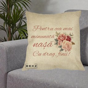 Cadou pentru Nasa - Perna Personalizata Pentru Cea mai Minunata Nasa Cu drag Finii, 40x40 cm, Crem, Husa Detasabila, Perna Inclusa, BEKZ®