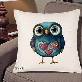 Perna Decorativa Bufnita Teal cu Doua Inimi, 40x40 cm, Crem Reliefat, Husa Detasabila, Perna Inclusa, BEKZ®