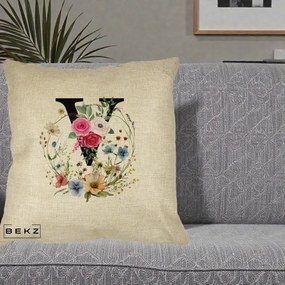 Cadou Personalizat - Perna Personalizata Monograma Florala Litera V cu Coroana, 40x40 cm, Crem, Husa Detasabila, Perna Inclusa, BEKZ®