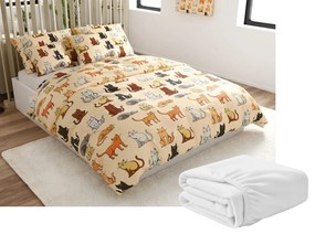 Set Lenjerie cocolino COLORED CATS crema + Cearsaf Cocolino microplus cu elastic SOFT 180x200 cm alb, pat dublu