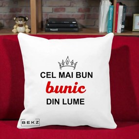 Cadou pentru Bunic - Perna Personalizata Cel Mai Bun Bunic Din Lume Coroana Rosu, 40x40 cm, Alba Mata, Husa Detasabila, Perna Inclusa, BEKZ®