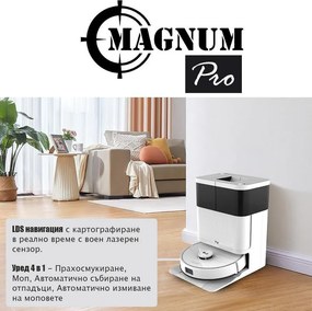 Aspirator robot Magnum PRO, 55 W, 10000 Pa, 0,3 l, 130 min, Wi-Fi, LDS, Notificari vocale, Statie automatа de apa si autocuratare, HEPA, Alb
