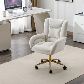 Scaun rotativ reglabil pe înălțime, din material de catifea și picioare aurii, design ergonomic, pentru birou, dormitor, 62x64x88-97 cm, Fildeș