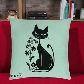 Perna Decorativa Pisica Neagra Grafica Minimalista, 40x40 cm, Verde Menta, Husa Detasabila, Perna Inclusa, BEKZ®