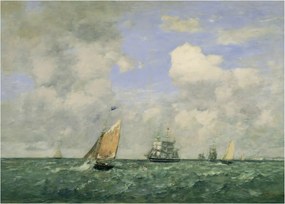 Tablou pe sticlă - Eugène Boudin, Ships and Sailing Boats Leaving Le Havre, reproducere (70x50 cm)