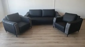Set canapea si fotolii de birou, piele naturala, negru, L-8887