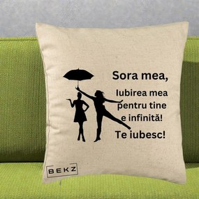 Cadou pentru Sora - Perna Personalizata Sora Mea Te Iubesc Siluete Negre cu Umbrela, 40x40 cm, Bej, Husa Detasabila, Perna Inclusa, BEKZ®