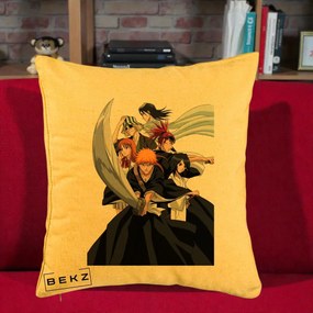 Perna Personalizata Bleach Grup Complet Ichigo si Prietenii, 40x40 cm, Galben, Husa Detasabila, Perna Inclusa, BEKZ®