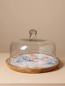 Tava pentru prajituri, din lemn de mango, cu capac din sticla, D30cm, Coral