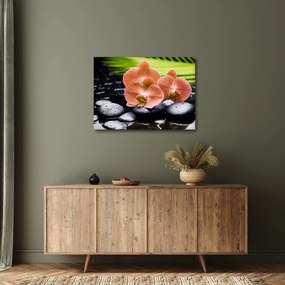 Tablou - Orhidee portocalie cu frunze de palmier (70x50 cm)