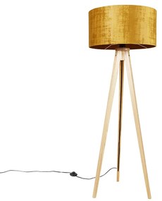 Lampă de podea din lemn cu abajur din stofă auriu 50 cm - Tripod Classic