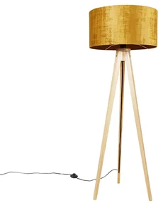 Lampă de podea din lemn cu abajur din stofă auriu 50 cm - Tripod Classic