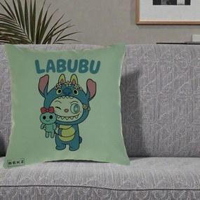 Perna Personalizata Labubu x Stitch cu Flori, 40x40 cm, Verde, Husa Detasabila, Perna Inclusa, BEKZ®