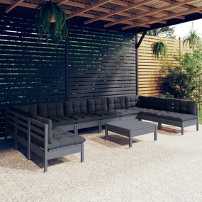 vidaXL Set mobilier grădină cu perne, 11 piese, gri, lemn masiv pin