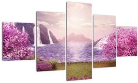 Tablou cu pomi roz cu lac (125x70 cm), în 40 de alte dimensiuni noi