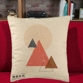 Perna Decorativa Geometric Munti si Soare, 40x40 cm, Bej, Husa Detasabila, Perna Inclusa, BEKZ®