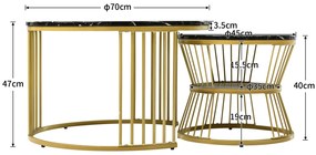 Set de 2 Măsuțe de Cafea Moderne, cu Blat cu Efect de Marmură și Cadru Metalic Auriu, Dimensiuni 70x70x47 cm și 45x45x40 cm, Negru