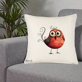 Perna Decorativa Pasare Rosie Exuberanta cu Spirale, 40x40 cm, Crem Reliefat, Husa Detasabila, Perna Inclusa, BEKZ®