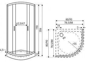 Cabină de duș curbată Madera 80x80x190 fără cădiță