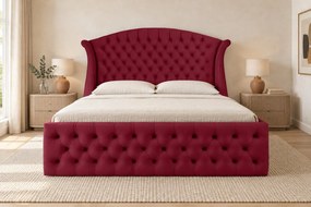 Pat tapițat Chesterfield din catifea Sorella Simple 140×200 cm, vișiniu, cu ladă de depozitare