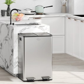 HOMCOM Coș de Gunoi cu Pedală, 2 x 20L, din Oțel, cu Capace Silențioase și Găleți Interioare Detașabile, Argintiu | Aosom Romania