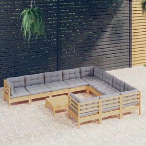 Set mobilier gradina cu perne, 11 piese, gri, lemn de pin Maro  si gri, 7