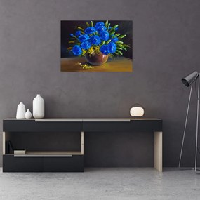 Tablou pe sticlă - Flori albastre în vază (70x50 cm)