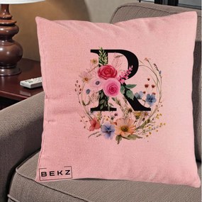 Cadou Personalizat - Perna Personalizata Monogram Litera R cu Flori Acuarela, 40x40 cm, Roz, Husa Detasabila, Perna Inclusa, BEKZ®