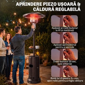 Outsunny Încălzitor de terasă cu gaz 13 kW, cu roți și măsuță, maro | Aosom Romania