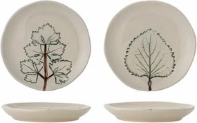 Set 2 farfurii din ceramică artizanală natur cu finisaj antichizat și motive botanice cu frunze, 10,5×1,5 cm, "Aubrin"
