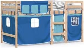 vidaXL Pat etajat de copii cu perdele, blå, 90x190 cm, lemn masiv pin
