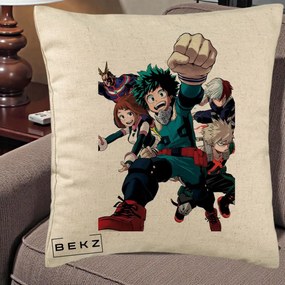 Perna Personalizata My Hero Academia Izuku Deku si Echipa, 40x40 cm, Bej, Husa Detasabila, Perna Inclusa, BEKZ®