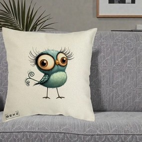 Perna Decorativa Pasare Teal cu Gene si Coada Spiralata, 40x40 cm, Ecru, Husa Detasabila, Perna Inclusa, BEKZ®