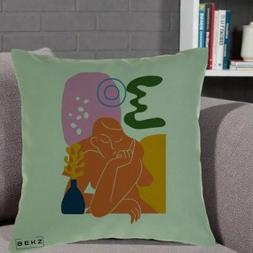Perna Decorativa Femeie Meditand Abstract, 40x40 cm, Verde, Husa Detasabila, Perna Inclusa, BEKZ®